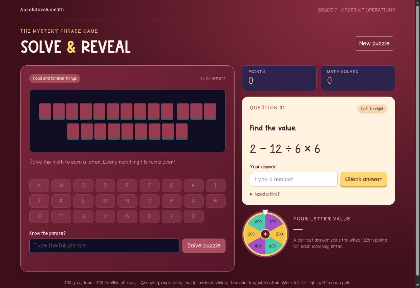 Solve and Reveal math game preview
